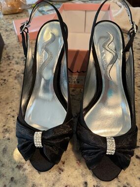 Nina Black Satin Slingback Heels with Bow and Rhinestone Trim